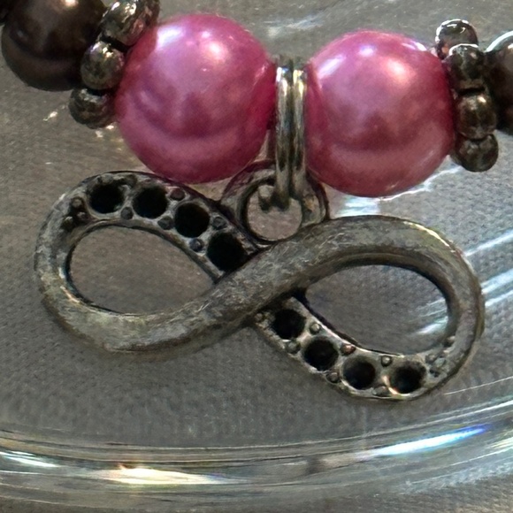 3/$15 Wine glass tag stainless steel hoop, pink & mocha beads infinity charm - Picture 4 of 12